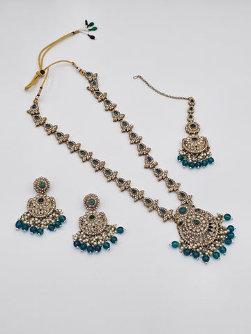 Elegant Long Kundan necklace set with Green meenakari - BelleNoor