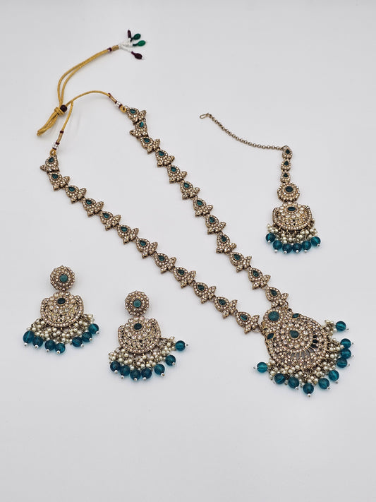 Elegant Long Kundan necklace set with Green meenakari - BelleNoor