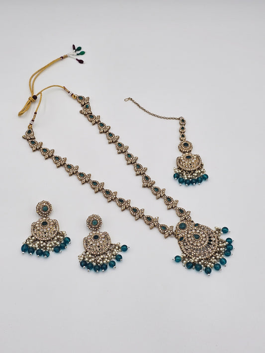Elegant Long Kundan necklace set with Green meenakari - BelleNoor