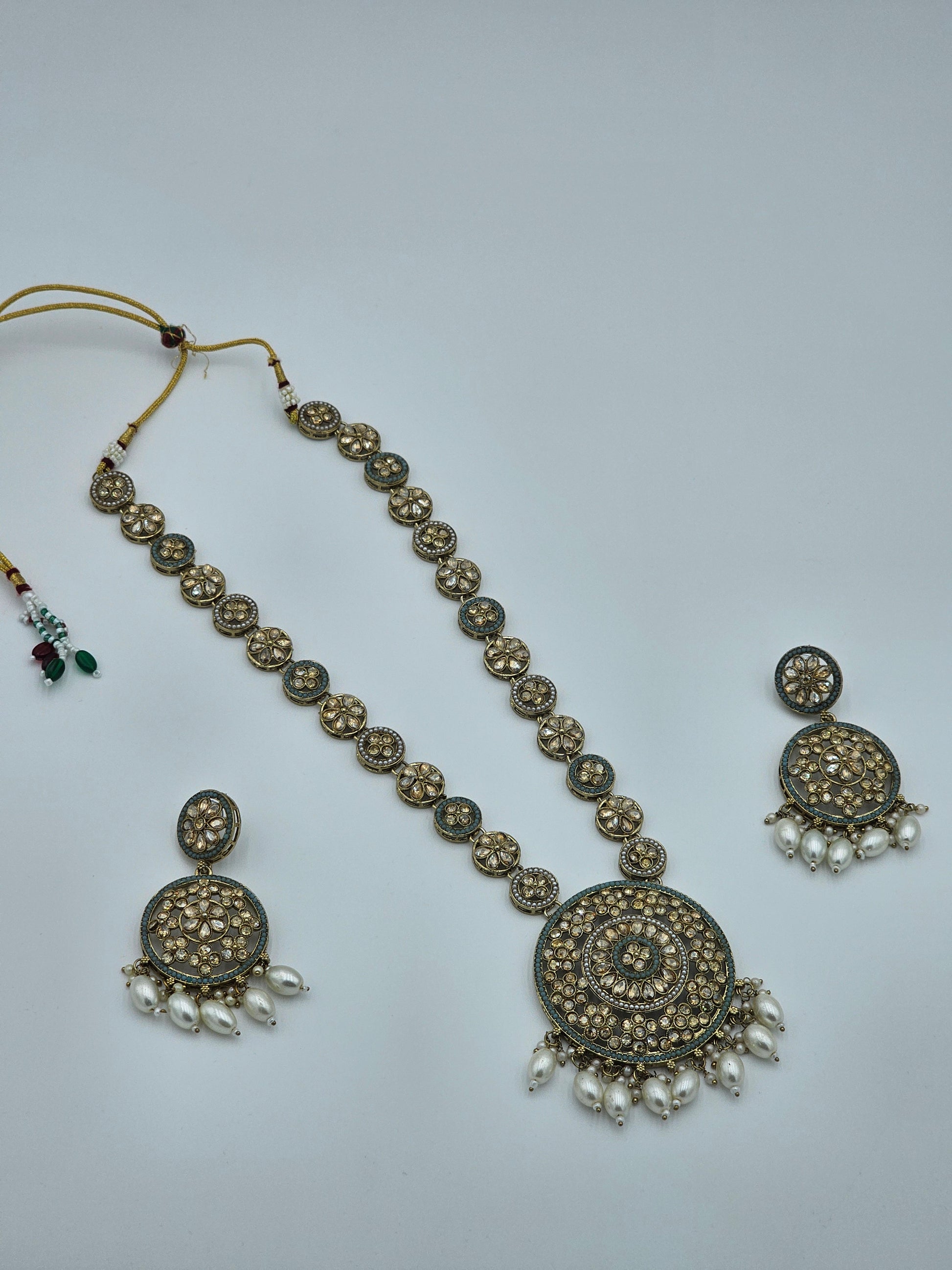 Elegant Long Kundan necklace set with light blue/Teal meenakari - BelleNoor