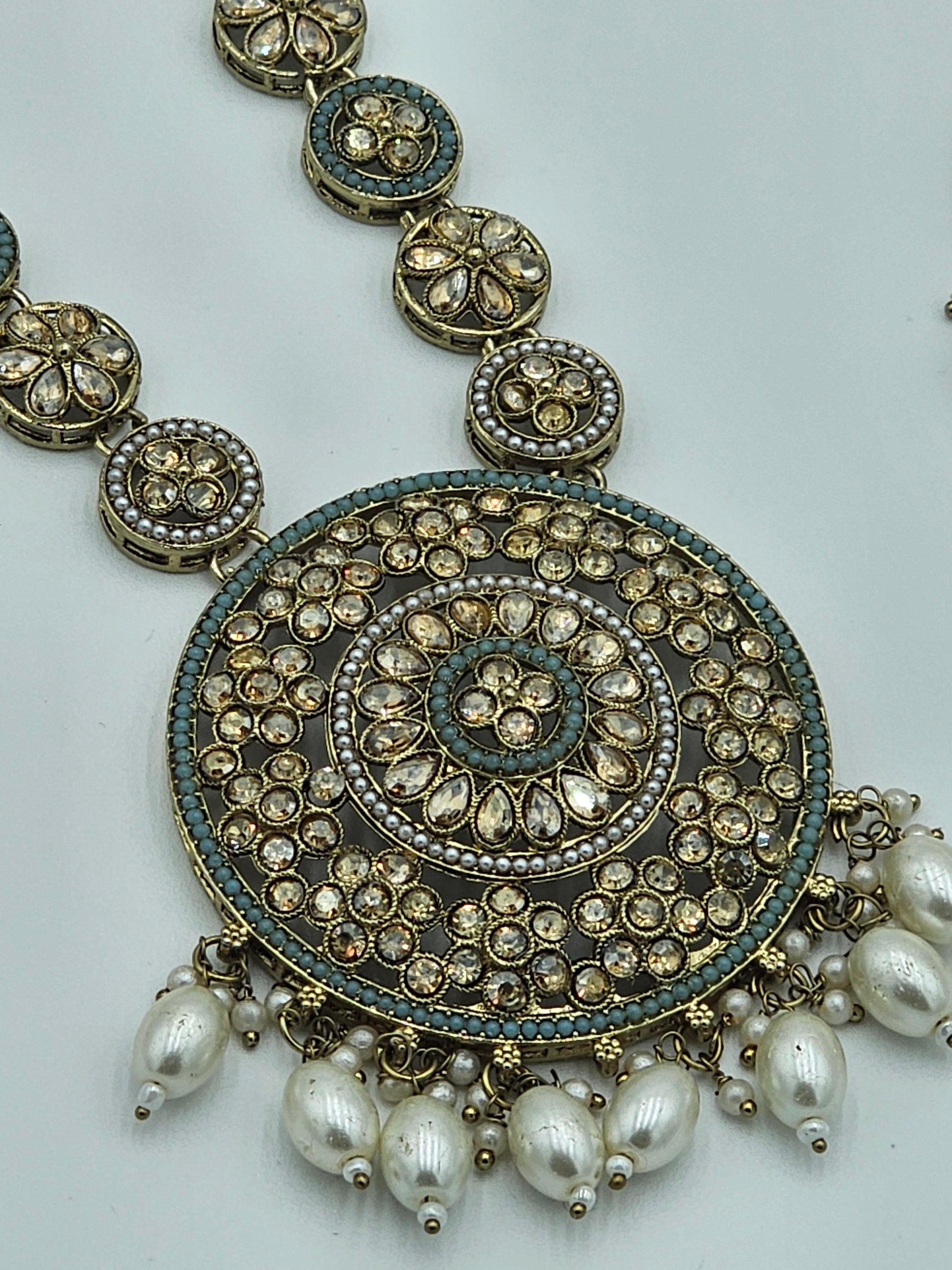 Elegant Long Kundan necklace set with light blue/Teal meenakari - BelleNoor