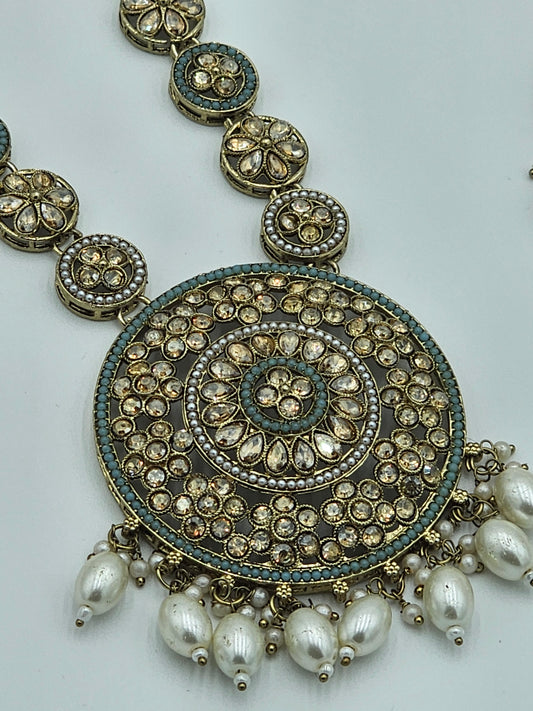 Elegant Long Kundan necklace set with light blue/Teal meenakari - BelleNoor