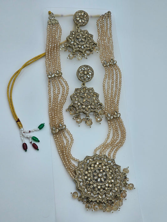 Elegant Long Kundan necklace set with light Golden/Champagne meenakari - BelleNoor