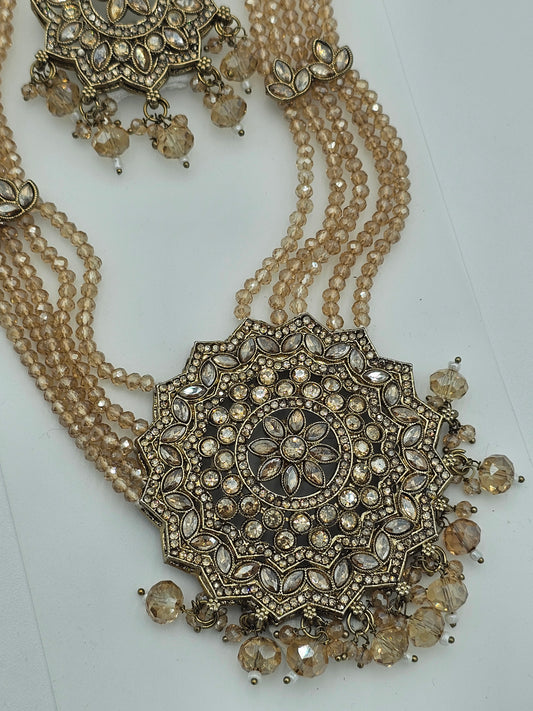 Elegant Long Kundan necklace set with light Golden/Champagne meenakari - BelleNoor