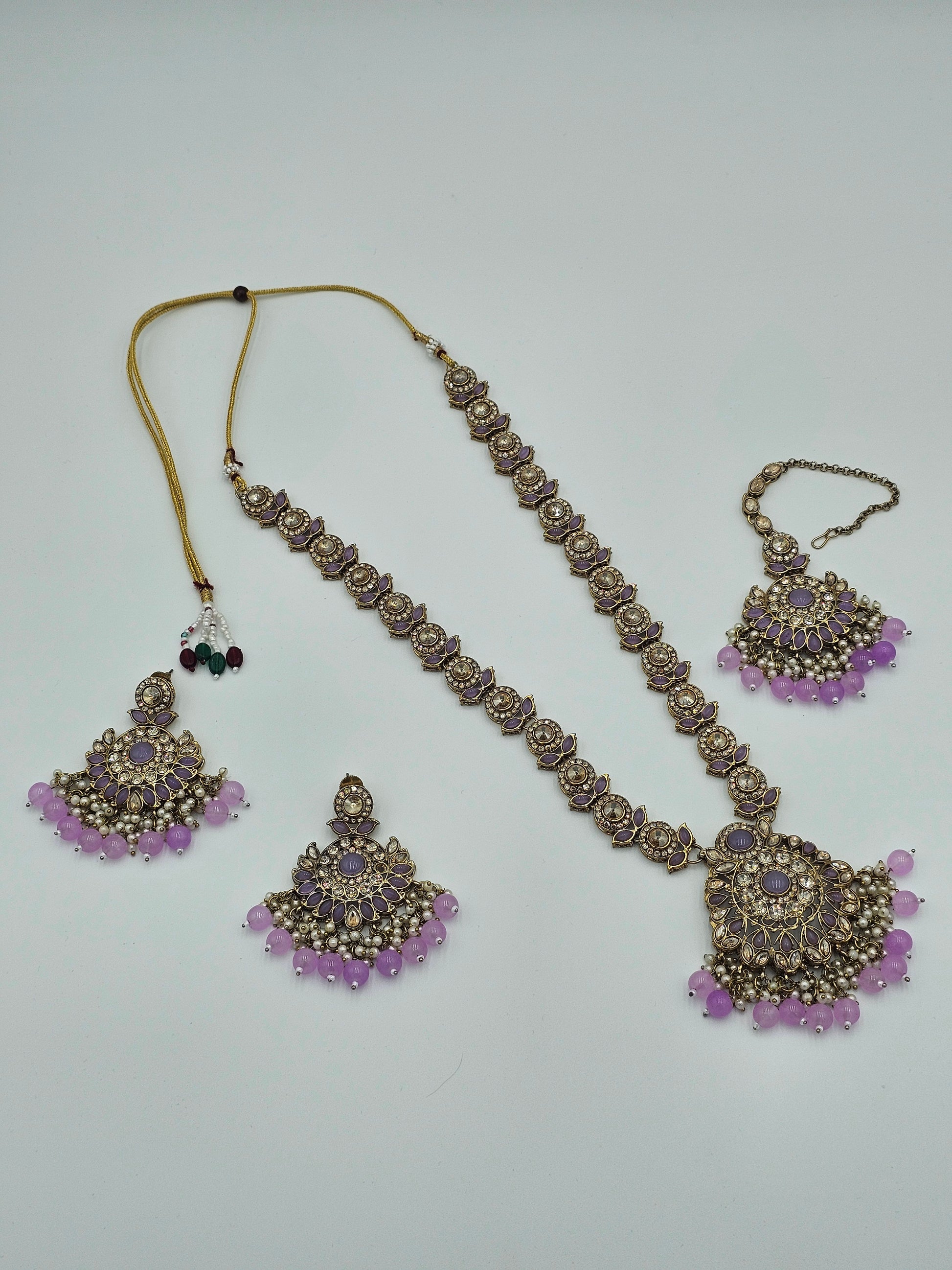 Elegant Long Kundan necklace set with light purple meenakari - BelleNoor