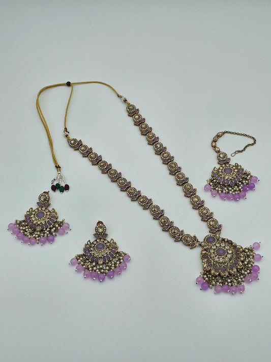 Elegant Long Kundan necklace set with light purple meenakari - BelleNoor