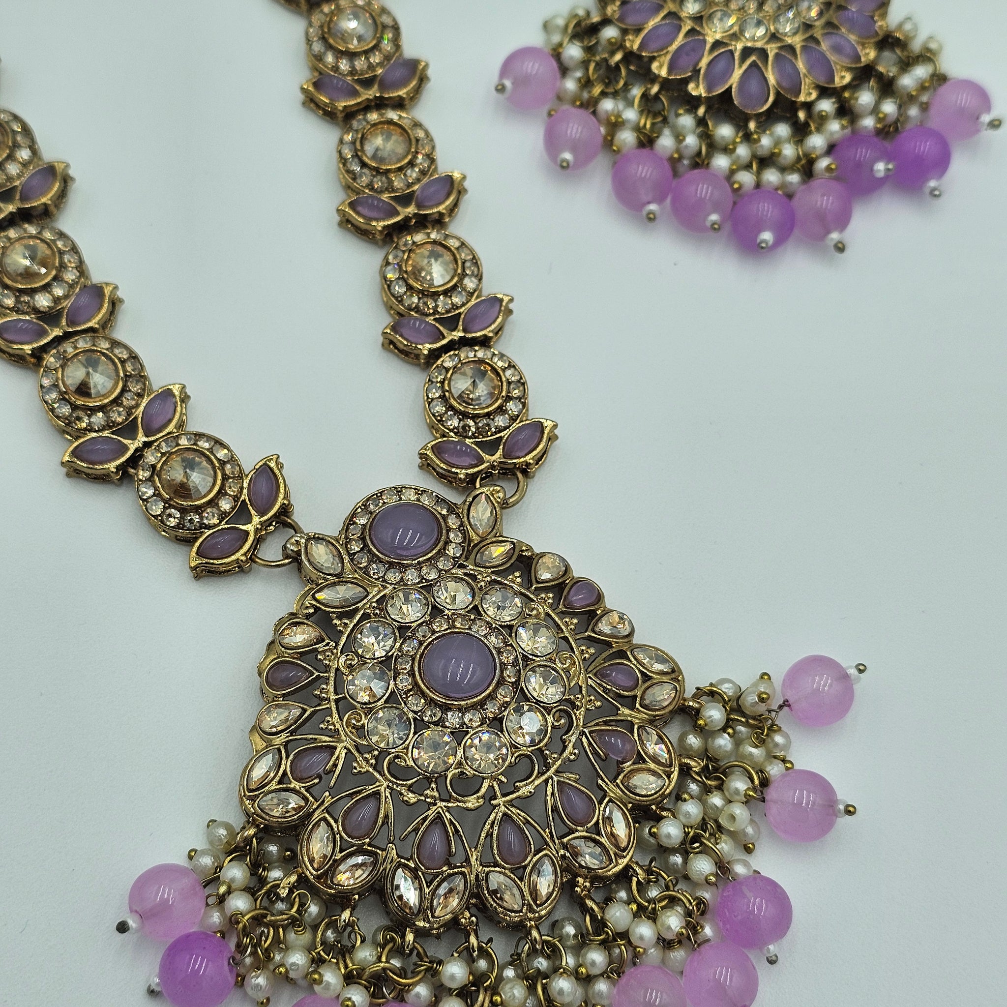 Elegant Long Kundan necklace set with light purple meenakari - BelleNoor