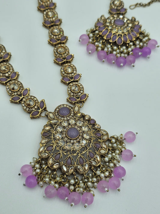 Elegant Long Kundan necklace set with light purple meenakari - BelleNoor