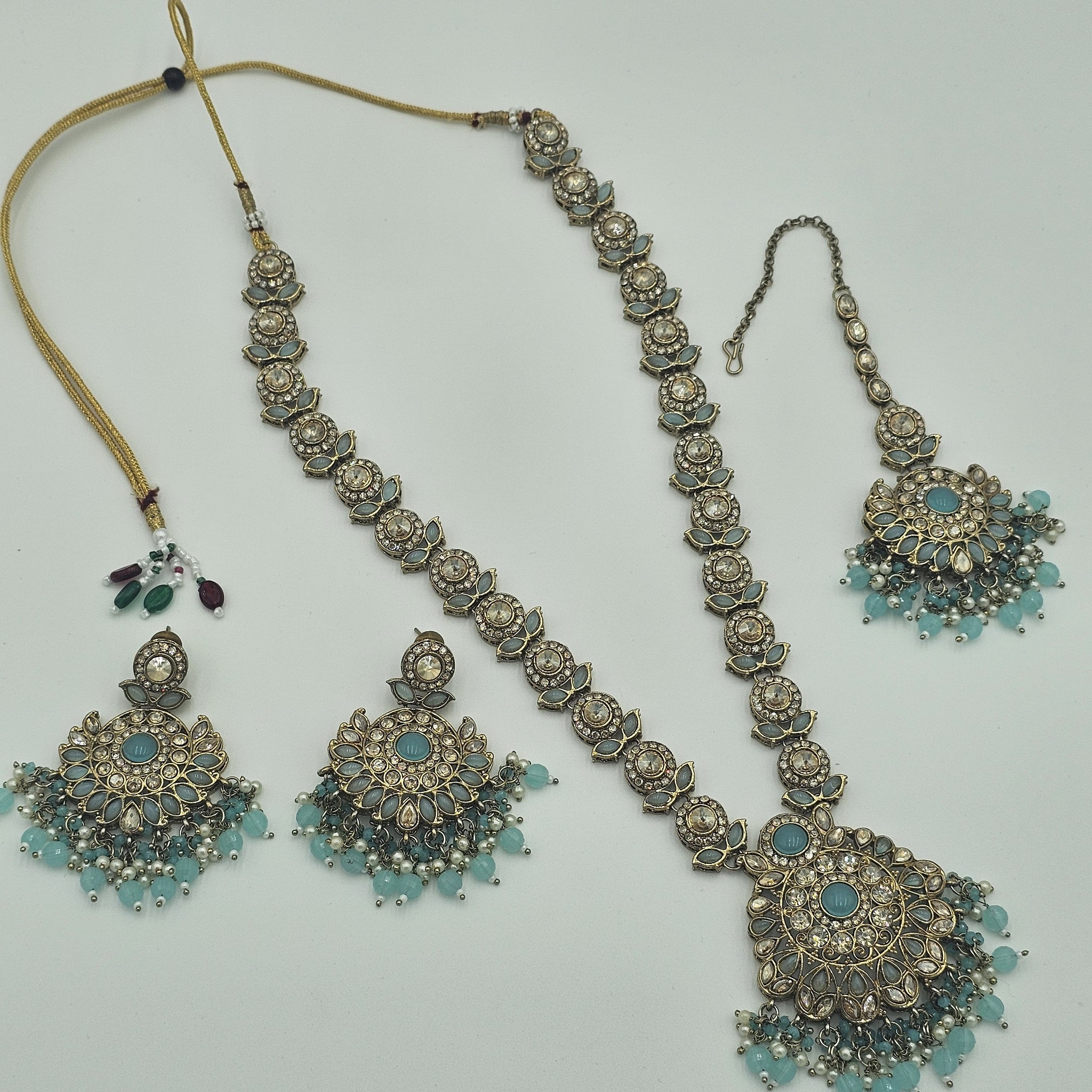 Elegant Long Kundan necklace set with Aqua blue meenakari - BelleNoor