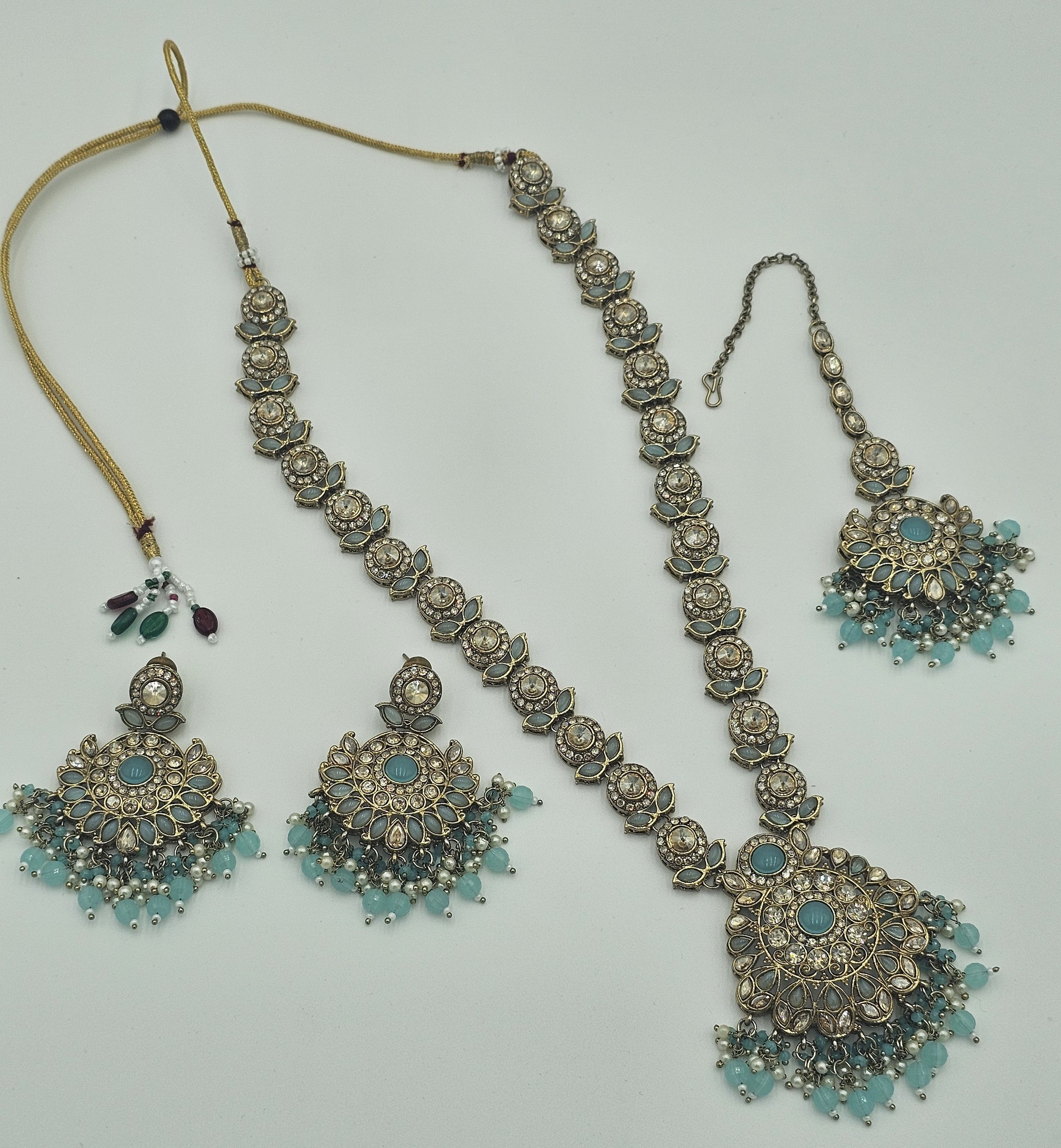Elegant Long Kundan necklace set with Aqua blue meenakari - BelleNoor