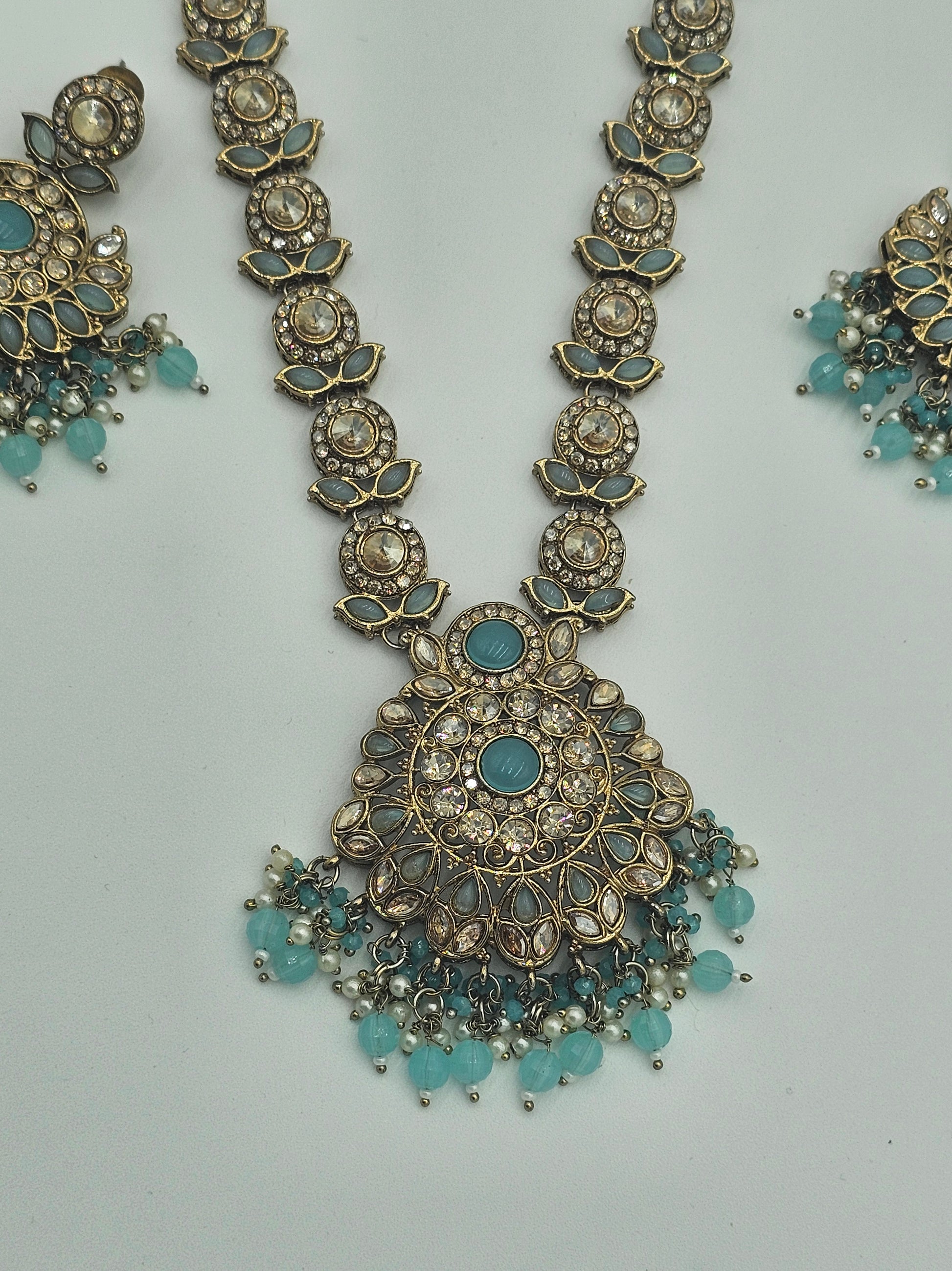 Elegant Long Kundan necklace set with Aqua blue meenakari - BelleNoor