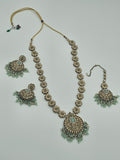 Elegant Long Kundan necklace set with light green meenakari - BelleNoor