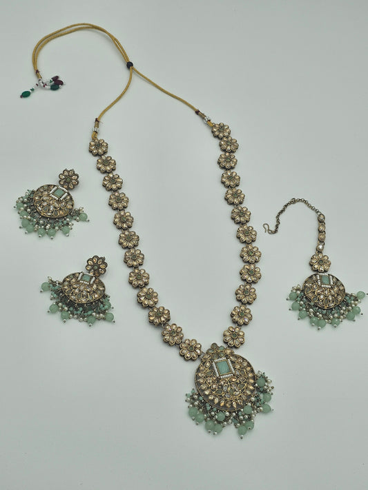 Elegant Long Kundan necklace set with light green meenakari - BelleNoor
