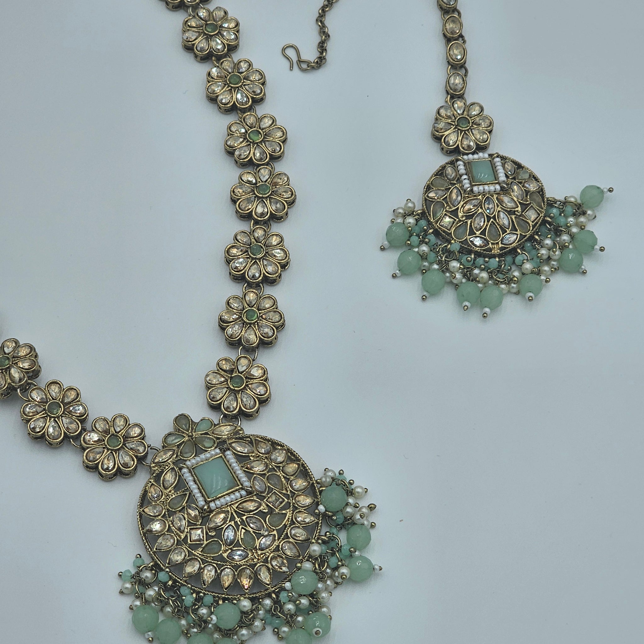 Elegant Long Kundan necklace set with light green meenakari - BelleNoor