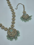 Elegant Long Kundan necklace set with light green meenakari - BelleNoor