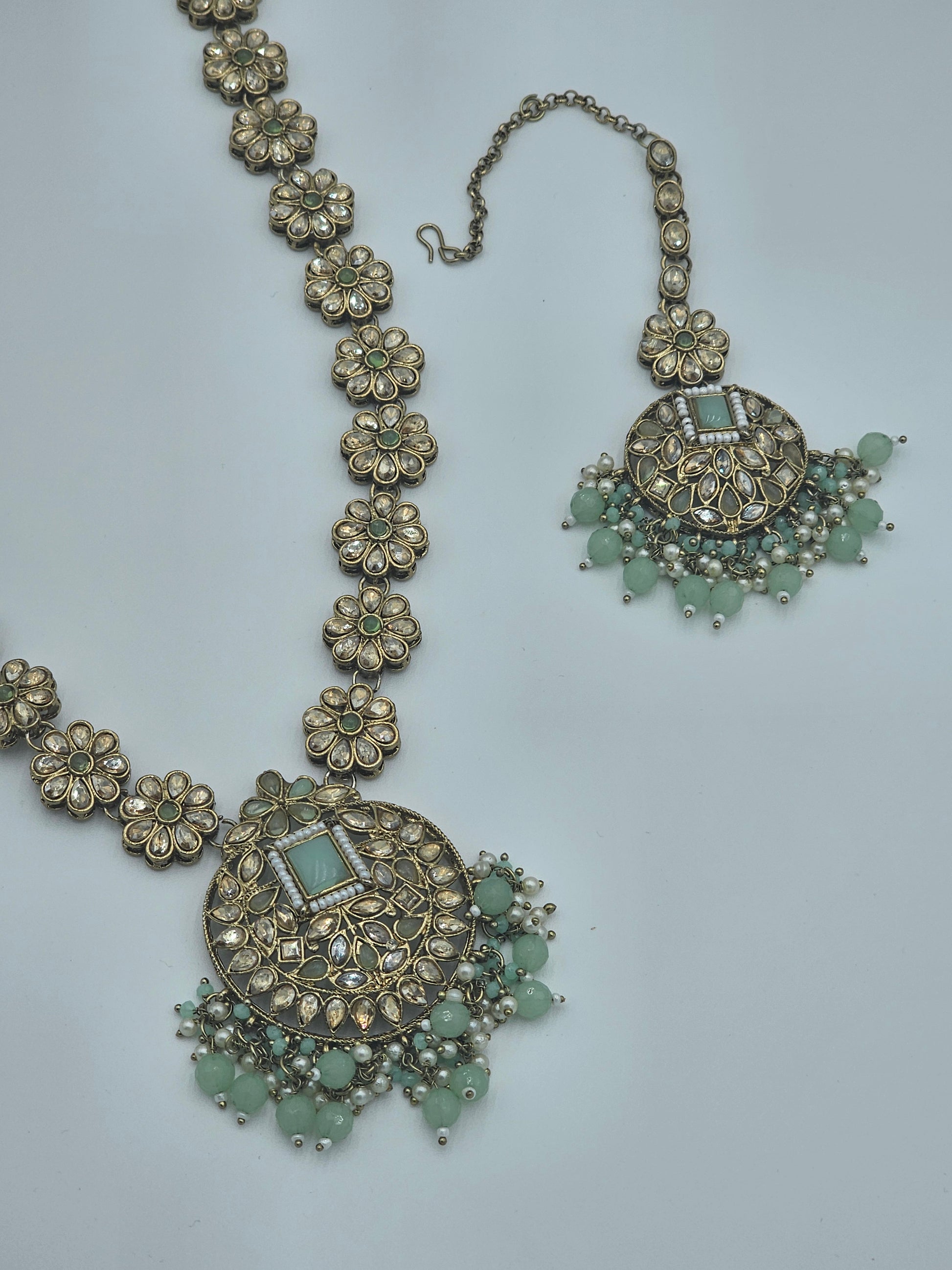 Elegant Long Kundan necklace set with light green meenakari - BelleNoor