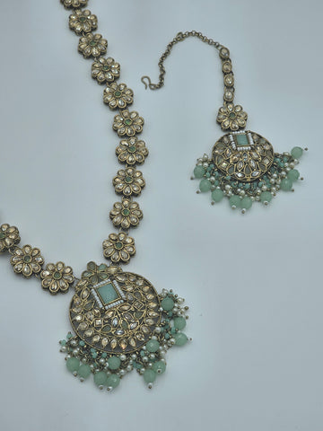 Elegant Long Kundan necklace set with light green meenakari - BelleNoor