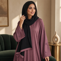 Dusty mauve beaded floral abaya with black hijab, full length