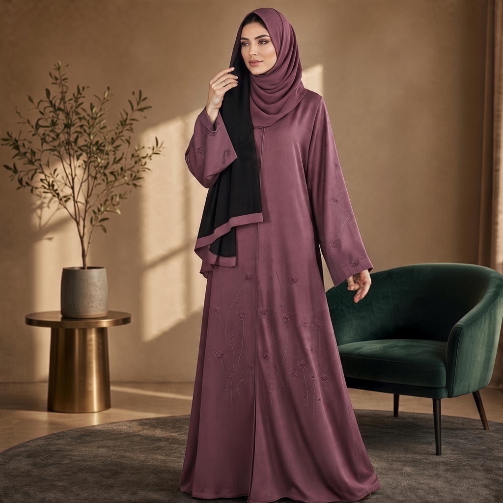 Dusty mauve beaded floral abaya with black hijab, full length, worn by a model