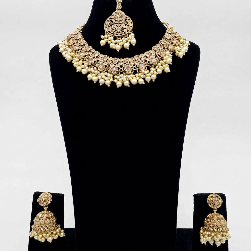Antique Gold Kundan Pearl Bridal Jewellery Set | Bellenoor - BelleNoor