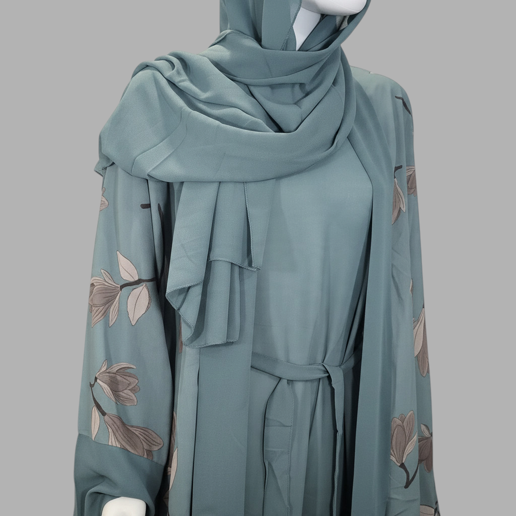 Dusty Teal floral print abaya with matching hijab — BelleNoor