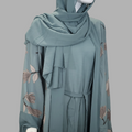 Dusty Teal floral print abaya with matching hijab — BelleNoor