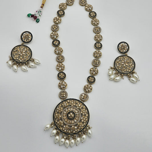 BelleNoor antique gold Kundan pendant necklace set with intricate stone detailing and hanging white pearl accents