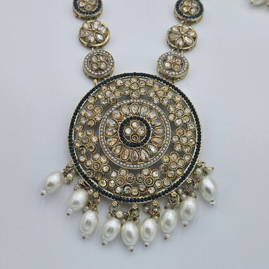 BelleNoor antique gold Kundan pendant necklace featuring a large circular design with pearl drops and intricate stones