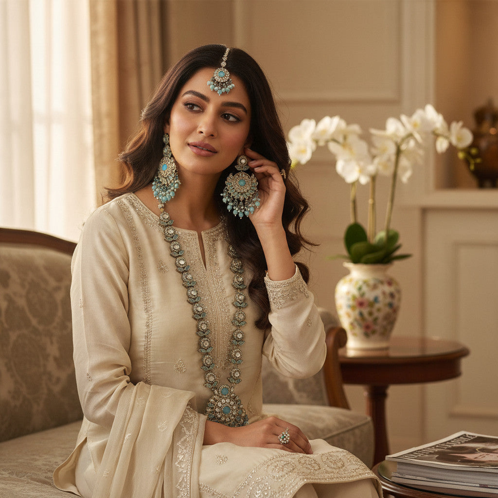 BelleNoor long Kundan necklace set with aqua blue stones, faux pearls, and antique gold finish on a model.