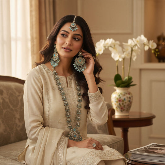 BelleNoor long Kundan necklace set with aqua blue stones, faux pearls, and antique gold finish on a model.
