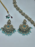 BelleNoor aqua blue Kundan necklace set with antique gold finish, crystal rhinestones, and faux pearl bead tassels.