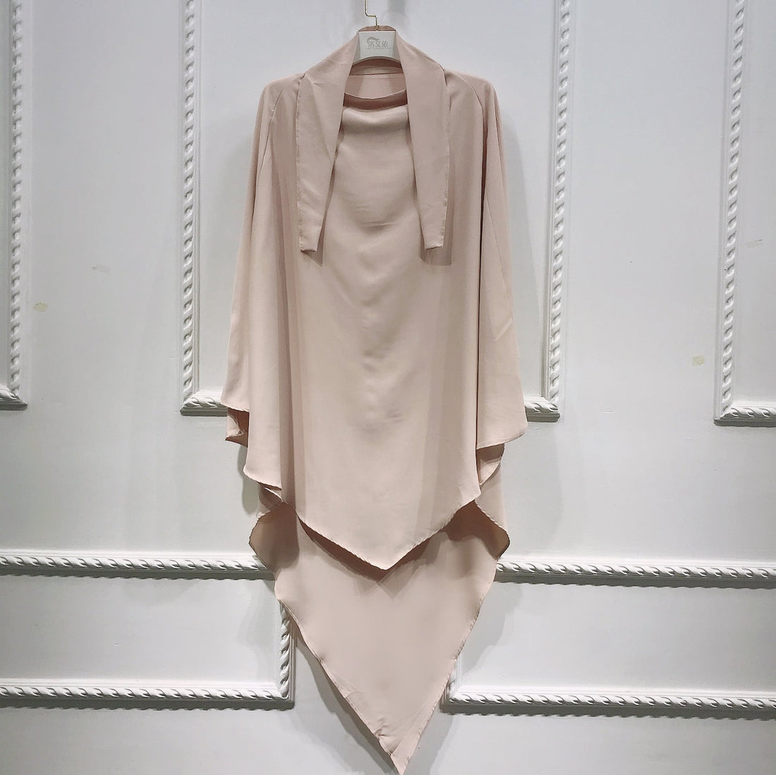 BelleNoor beige polyester khimar with a tie-back design, featuring a long, flowing silhouette for modest wear.