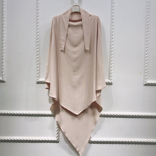 BelleNoor beige polyester khimar with a tie-back design, featuring a long, flowing silhouette for modest wear.