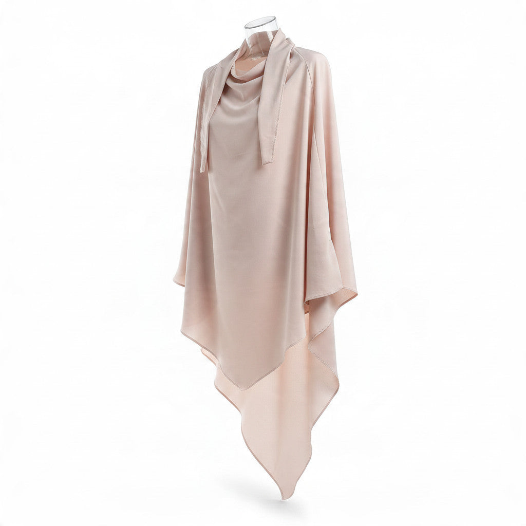 BelleNoor beige polyester khimar with a tie-back design, featuring a long, elegant drape for modest wear.