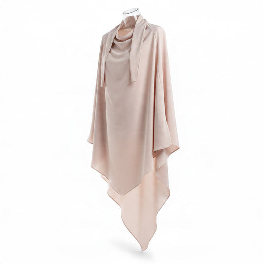 BelleNoor beige polyester khimar with a tie-back design, featuring a long, elegant drape for modest wear.