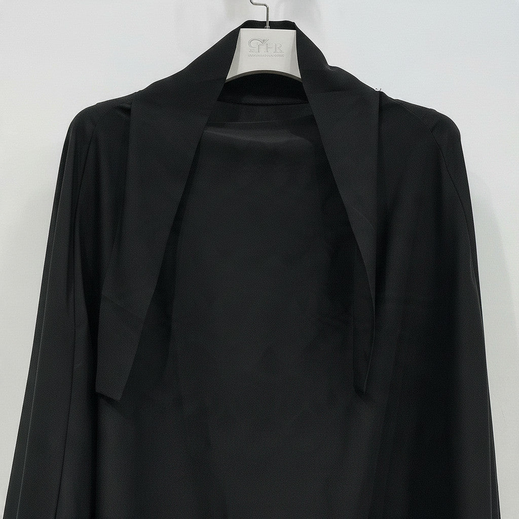 BelleNoor black polyester khimar featuring a long design with a convenient tie-back closure for modest styling.
