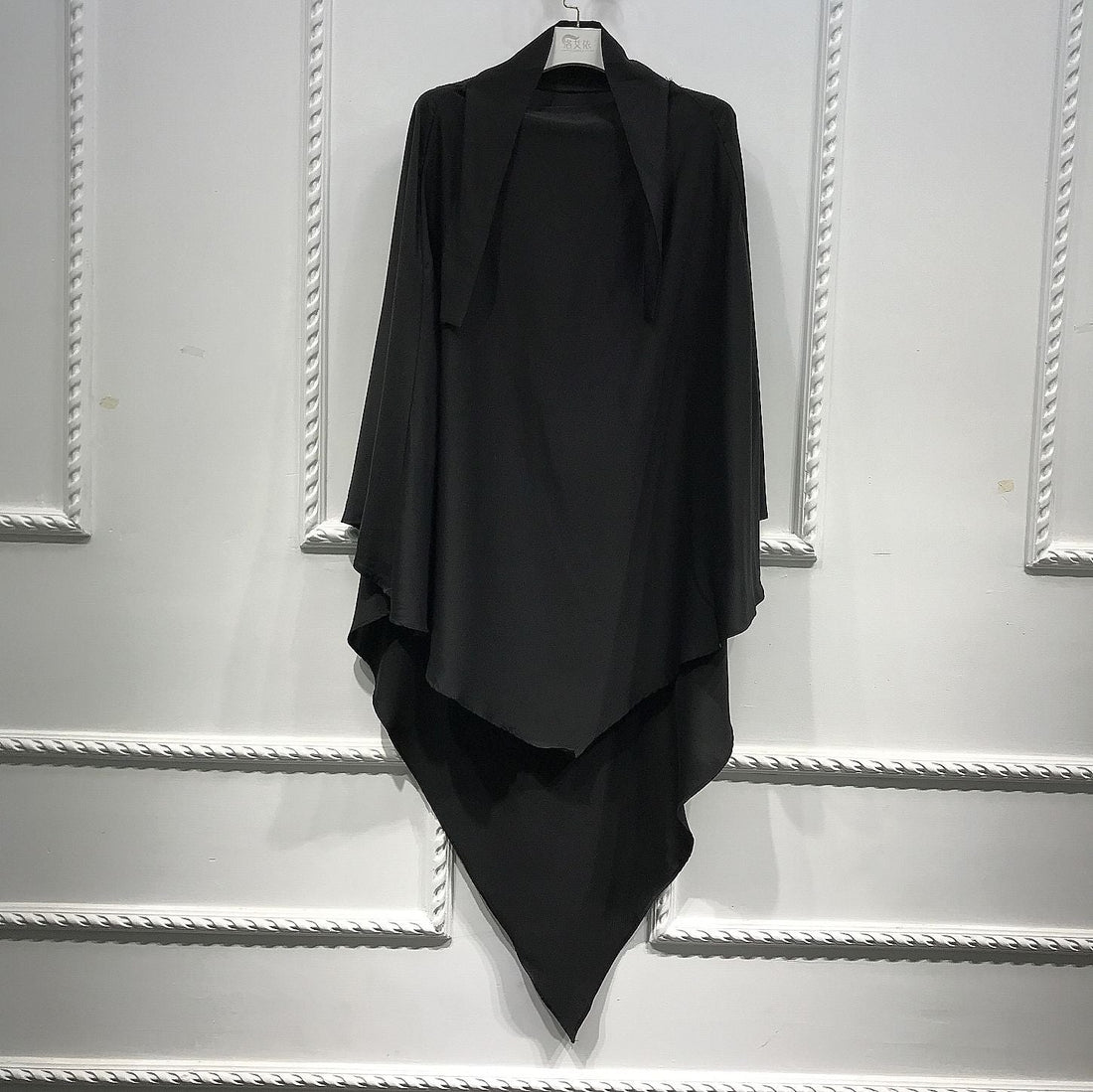 BelleNoor black polyester khimar with a long, flowing design and tie-back closure for modest everyday wear.