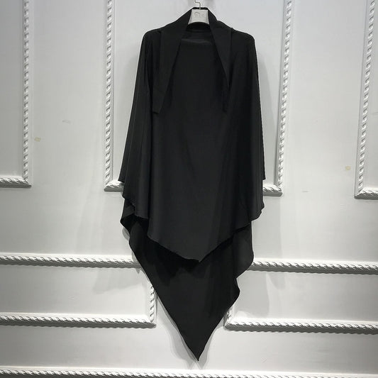 BelleNoor black polyester khimar with a long, flowing design and tie-back closure for modest everyday wear.