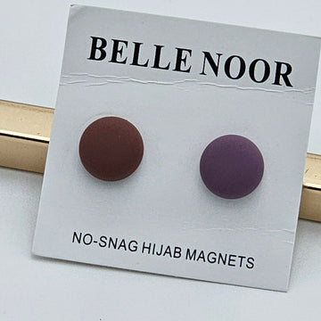 BelleNoor brown and purple magnetic no-snag hijab pins on a display card for secure, needle-free scarf fastening.