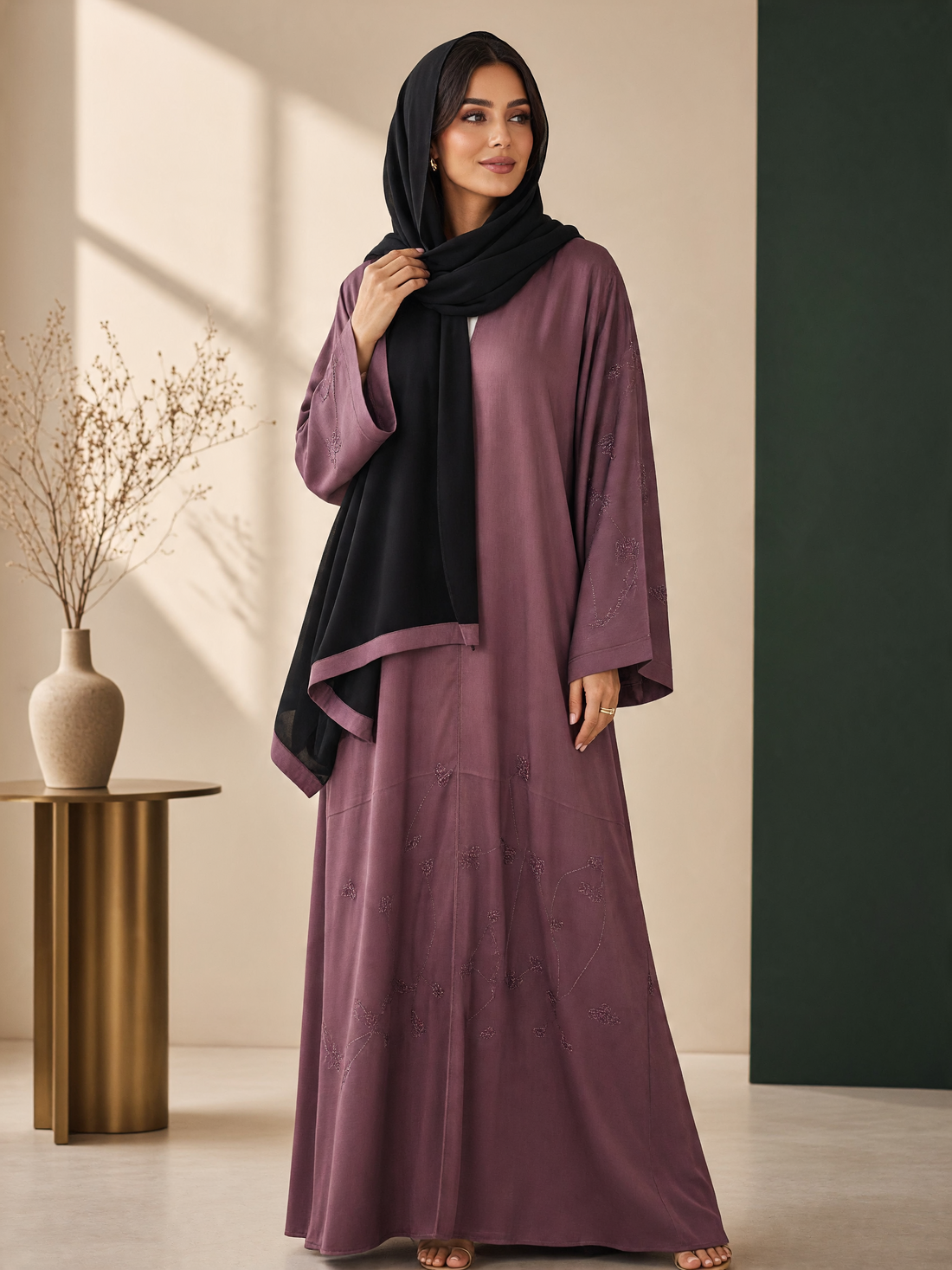 Bellenoor dusty mauve abaya with beaded floral embroidery and a matching black hijab.