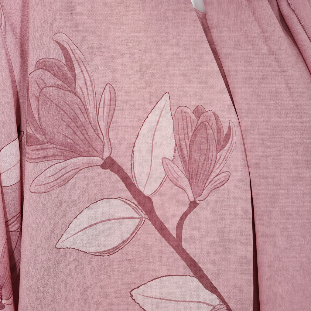 BelleNoor dusty pink open abaya featuring a delicate floral print on lightweight, flowy fabric
