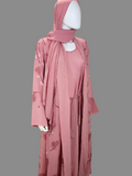 BelleNoor dusty pink floral print open abaya set with matching inner dress and hijab on a mannequin