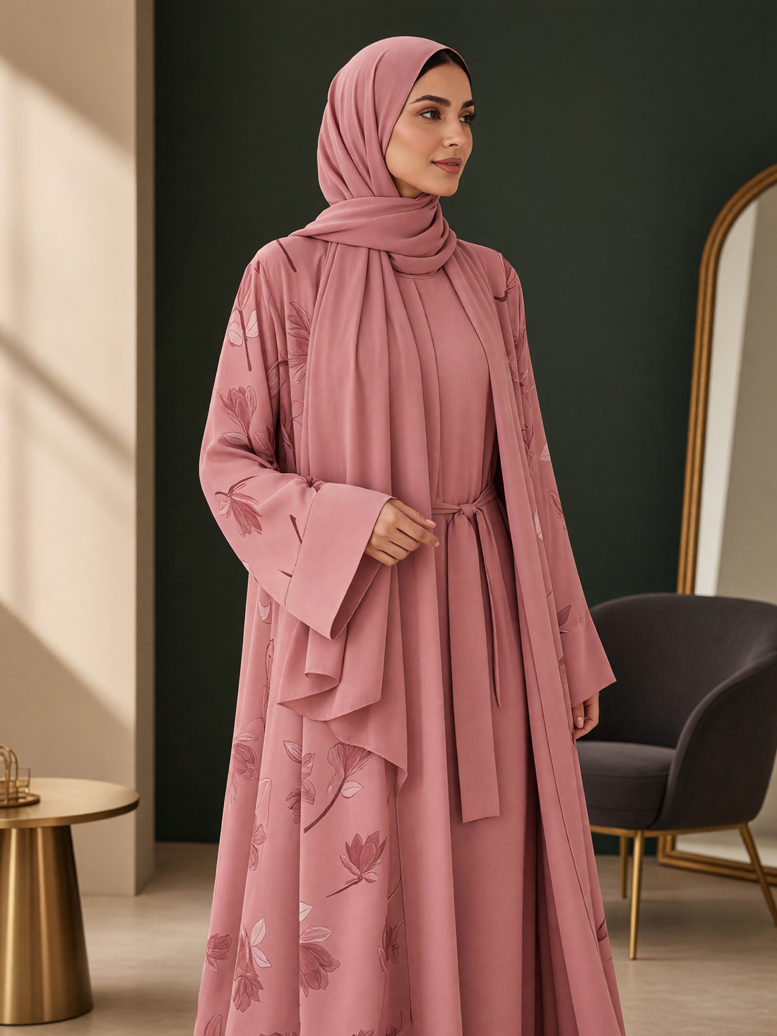 BelleNoor dusty pink floral print open abaya with matching inner dress and hijab on a model