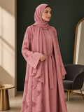 BelleNoor dusty pink floral print open abaya with matching inner dress and hijab on a model
