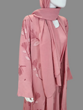 BelleNoor dusty pink floral print open abaya set with matching inner dress and hijab on a mannequin