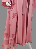 BelleNoor dusty pink floral print open abaya with wide sleeves and tie-waist detail on a mannequin