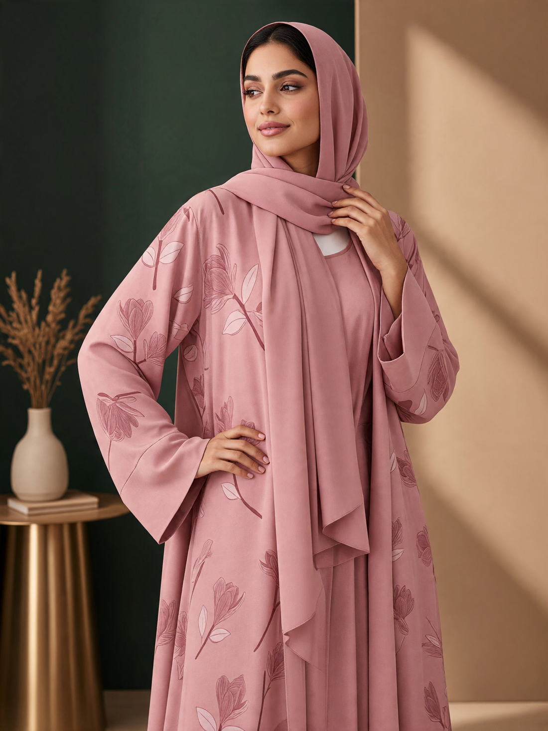 BelleNoor dusty pink floral print open abaya with matching inner dress and hijab worn by a model