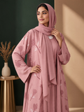 BelleNoor dusty pink floral print open abaya with matching inner dress and hijab worn by a model