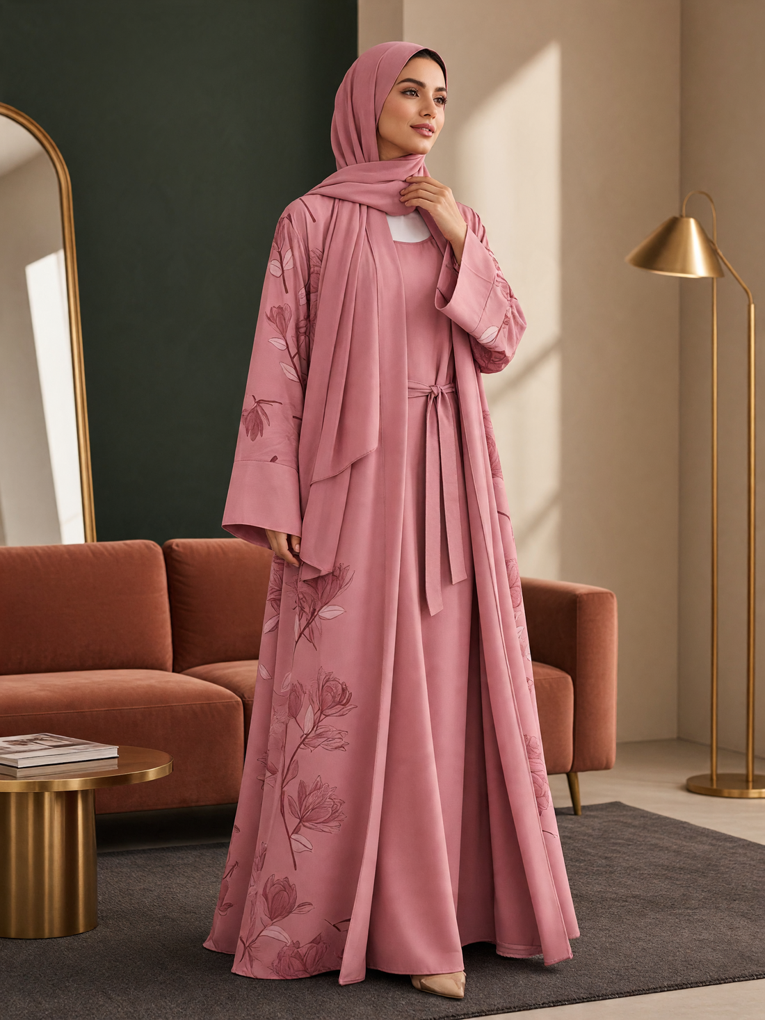 BelleNoor dusty pink floral print open abaya set with matching inner dress and hijab in a modern living room setting