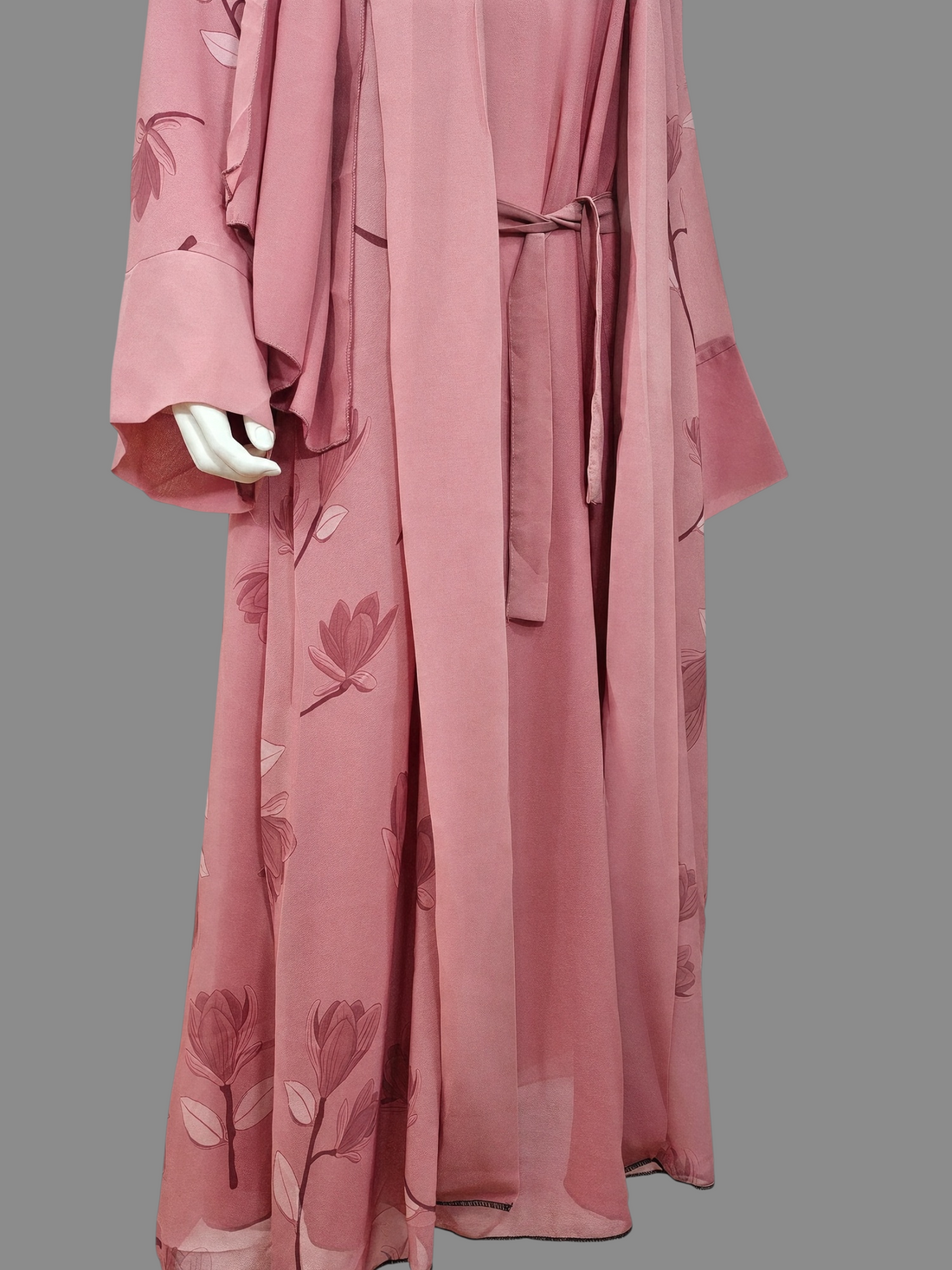BelleNoor dusty pink floral print open abaya with tie-waist detail and matching inner dress on a mannequin